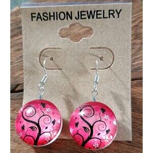 Black Tree Flower Red Glass Silver Tone Dangle Earrings New